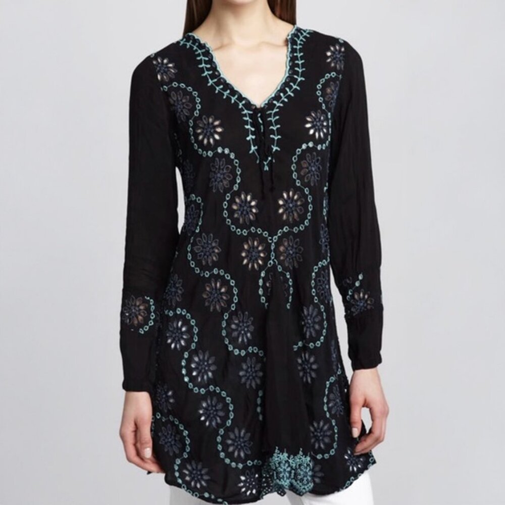 " Burch" Black Embroidered V-Neck Tunic Top with " Teal Accents EUC